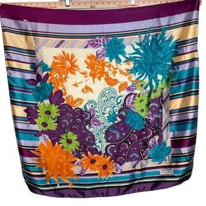VINTAGE Floral Stripe Purple Blue Orange 100% Silk Square Scarf 33x33 Z23